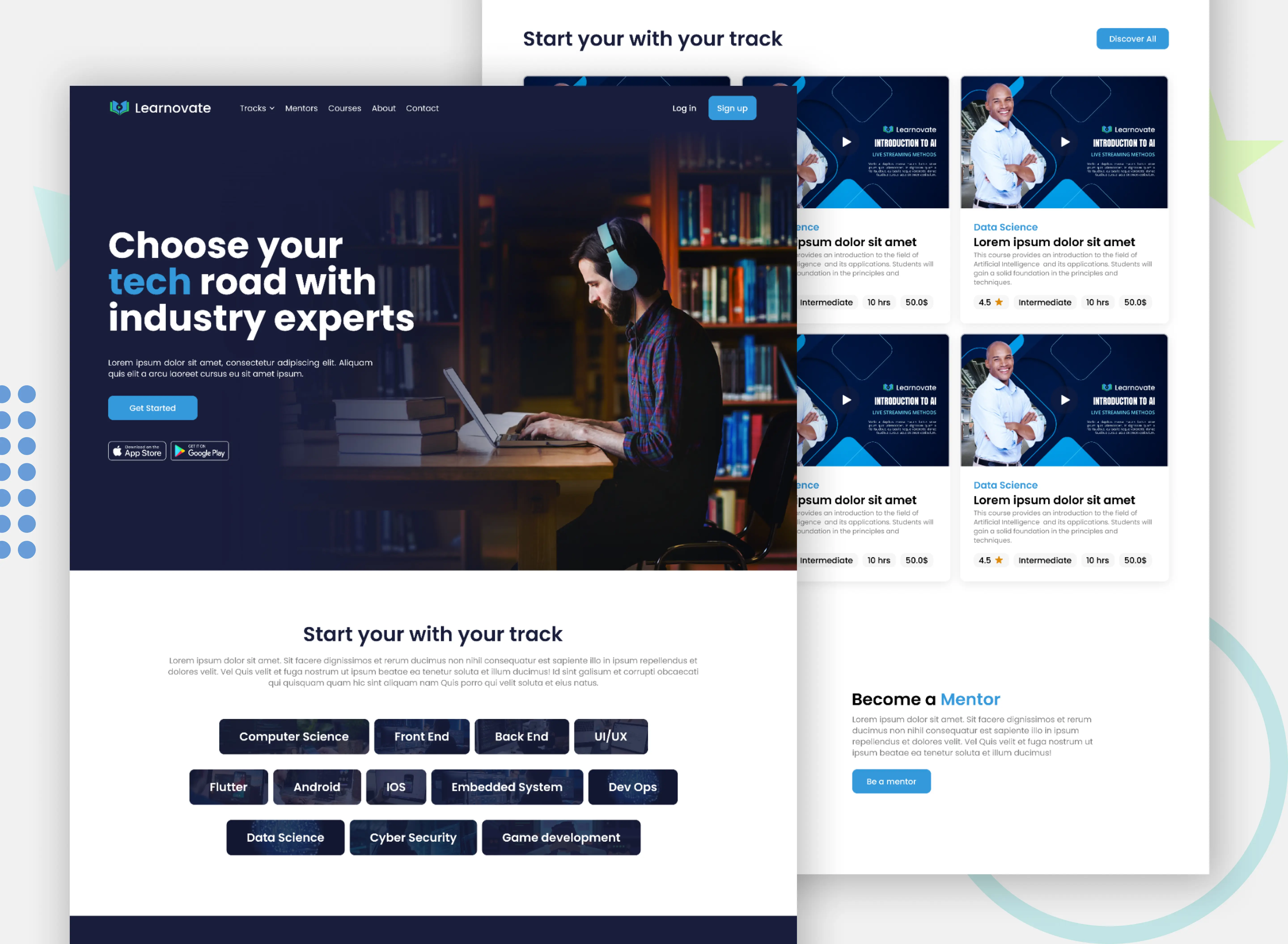 A web designer intently works on a laptop, perfecting a professional website layout that features educational content, mentor profiles, and a clean, modern design interface.